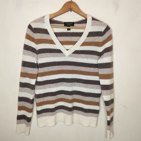 Charter Club 100% Cashmere Sweater Brown Beige Stripe - Picture 1 of 8
